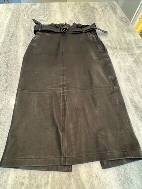 J Brand Black Lamb Leather Paperbag Midi Skirt with Belt